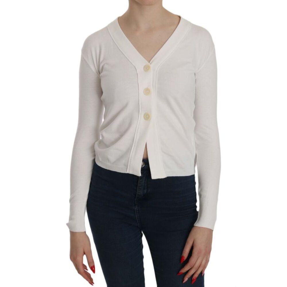 BYBLOS White V-neck Long Sleeve Cropped Cardigan Tops Women's Sweater